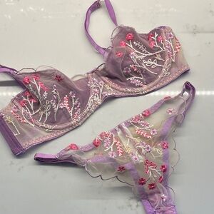 Sheer Floral Embroidered Underwire Bra & Thong Set — Lavender